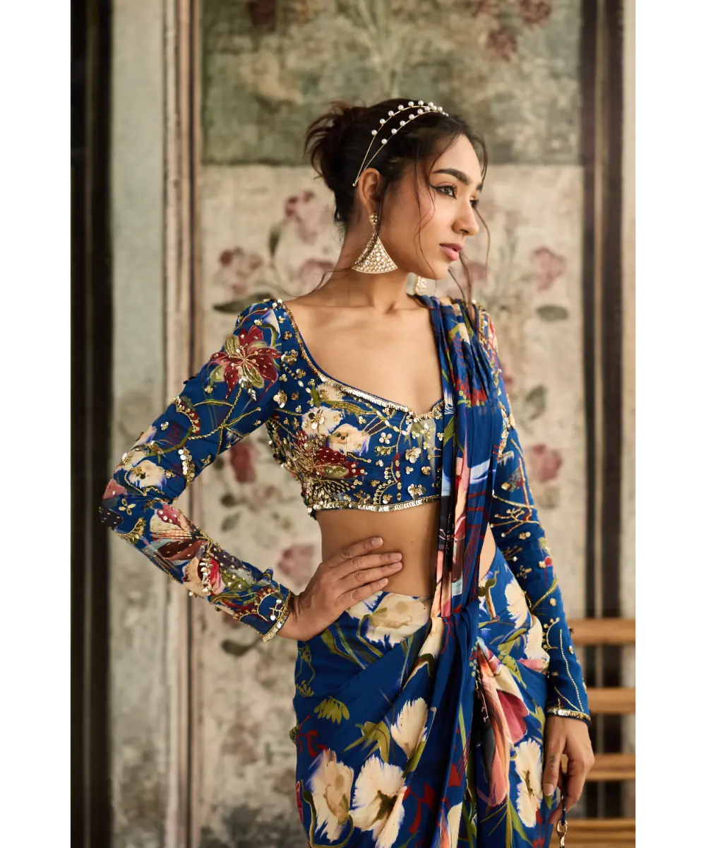 DIYARAJVVIR - Blue Floral Printed Skirt Saree Set